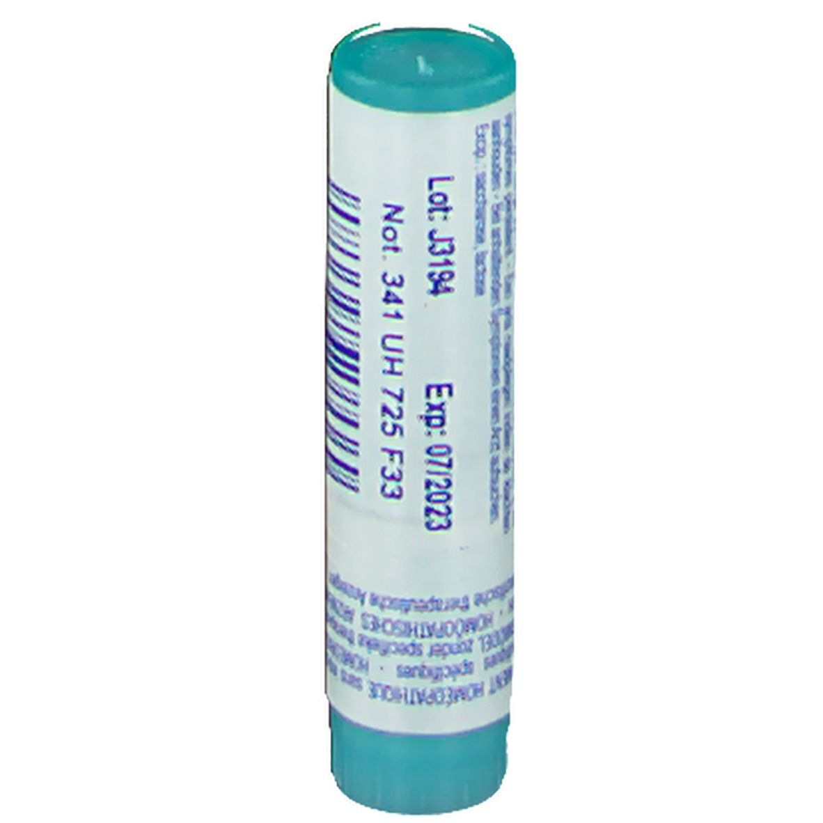 Cilindrische tube met blauwe dop. Opschrift: Lot. J3194, Exp: 07/2023. Verdere informatie.