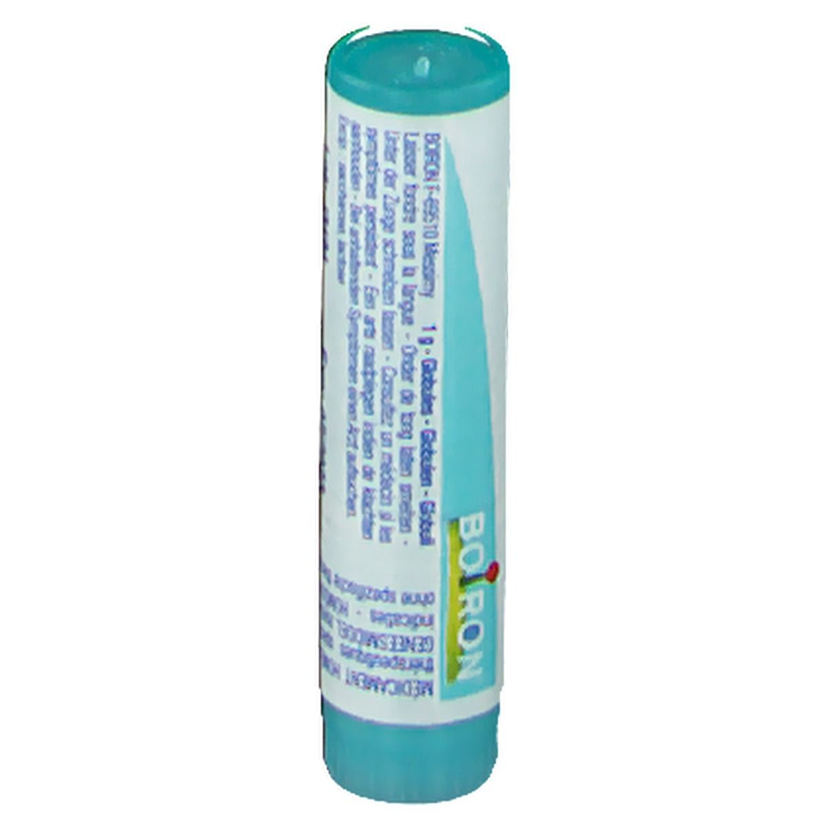 Cilindrische tube met blauwe dop. Opschrift: Boiron, 1 g Globules. Verdere informatie.