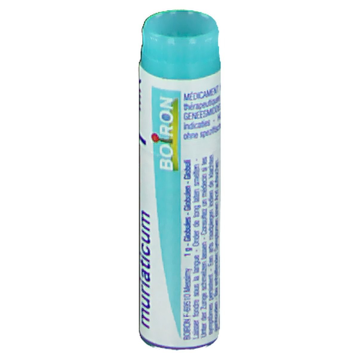 Tube cylindrique à bouchon bleu. Inscription: Boiron, Natrum muriaticum.