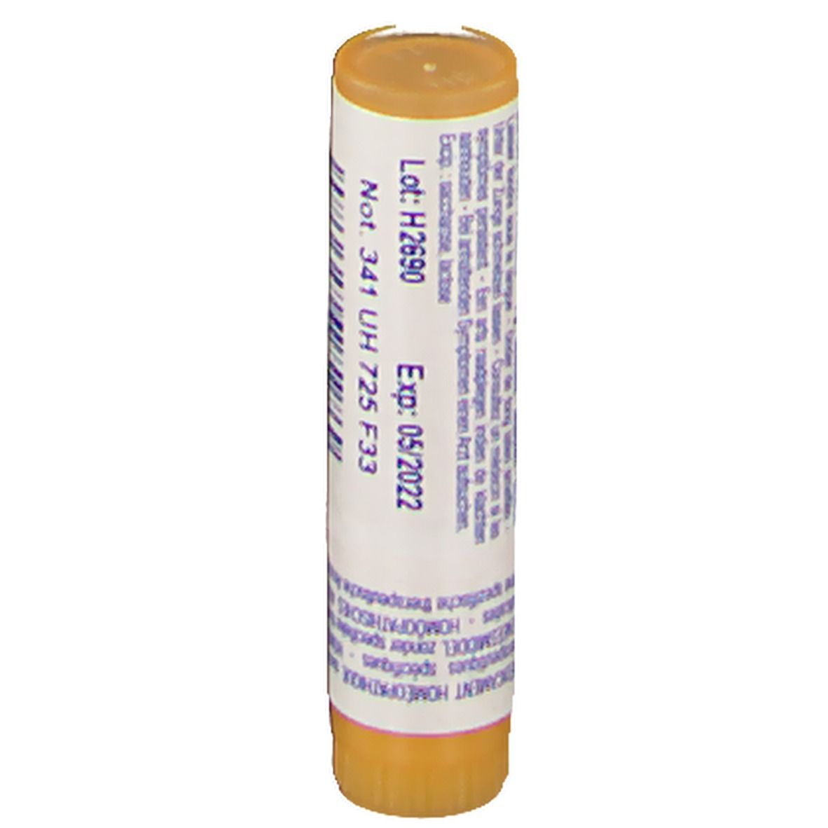 Tube cylindrique avec étiquette blanche. Texte et date de péremption. Bouchon et base orange.