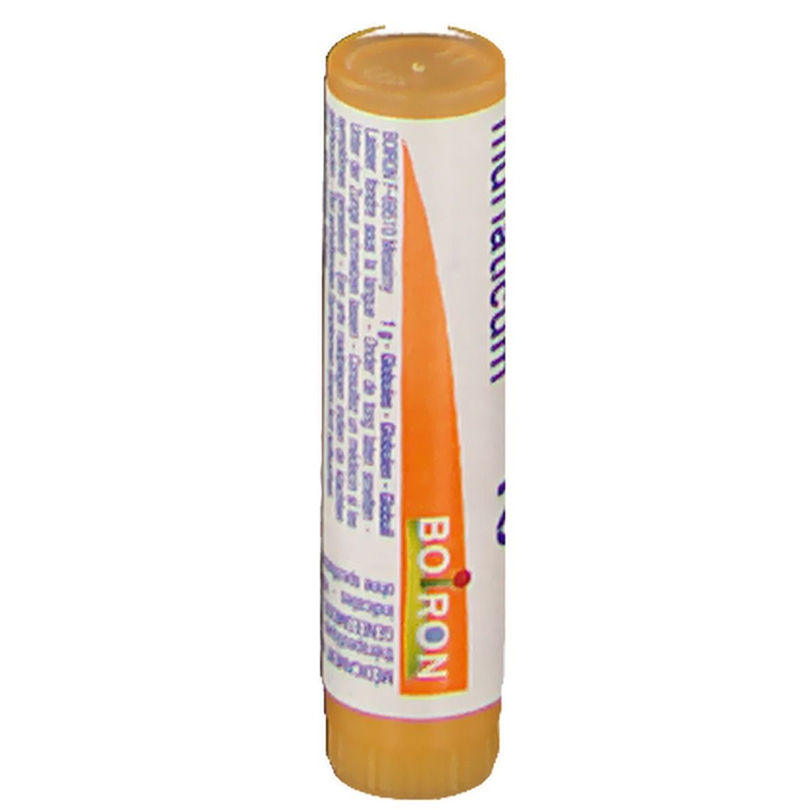 Tube cylindrique avec étiquette blanche. Texte, logo Boiron. Bouchon et base orange.