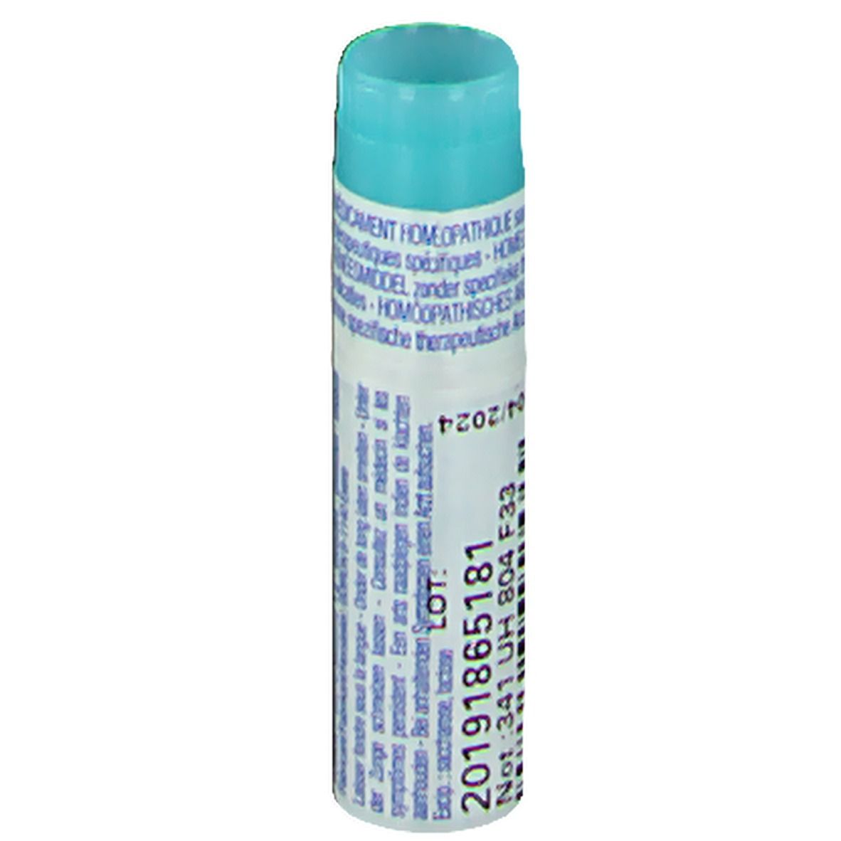 Tube cylindrique avec bouchon bleu. Impression avec numéro de lot et date d'expiration.