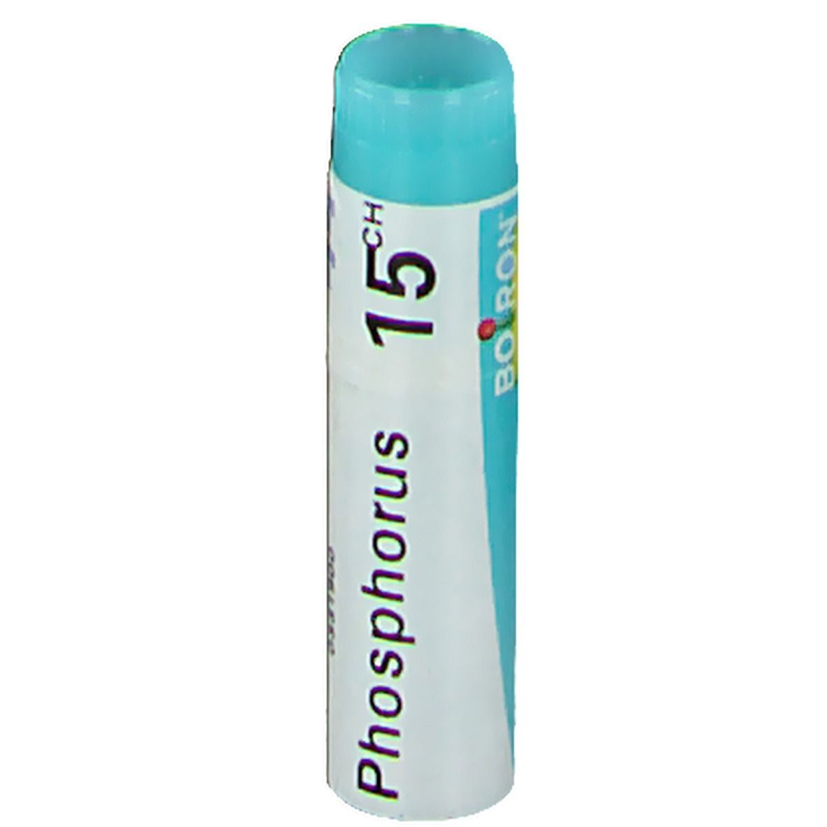 Tube cylindrique avec bouchon bleu. Inscription: Phosphorus 15CH, BOIRON.