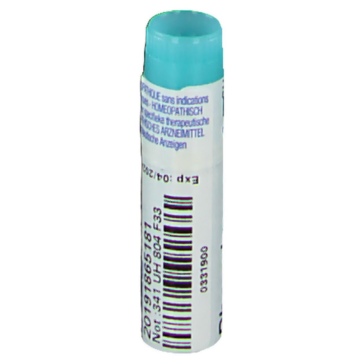 Tube cylindrique avec bouchon bleu. Impression avec numéro de lot et date d'expiration.