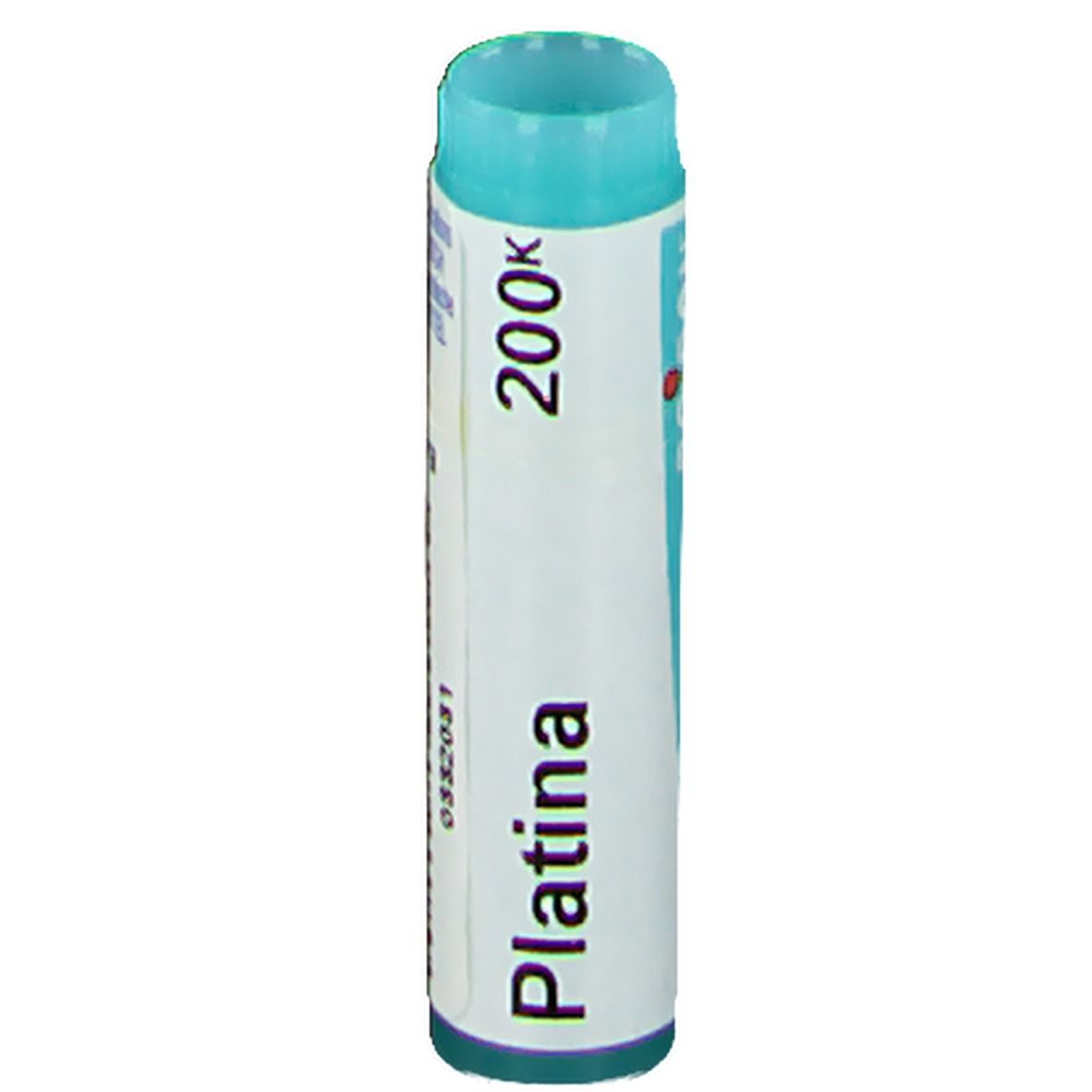 Tube cylindrique avec inscription "Platina 200K". Bouchon turquoise. Étiquette blanche avec texte noir.