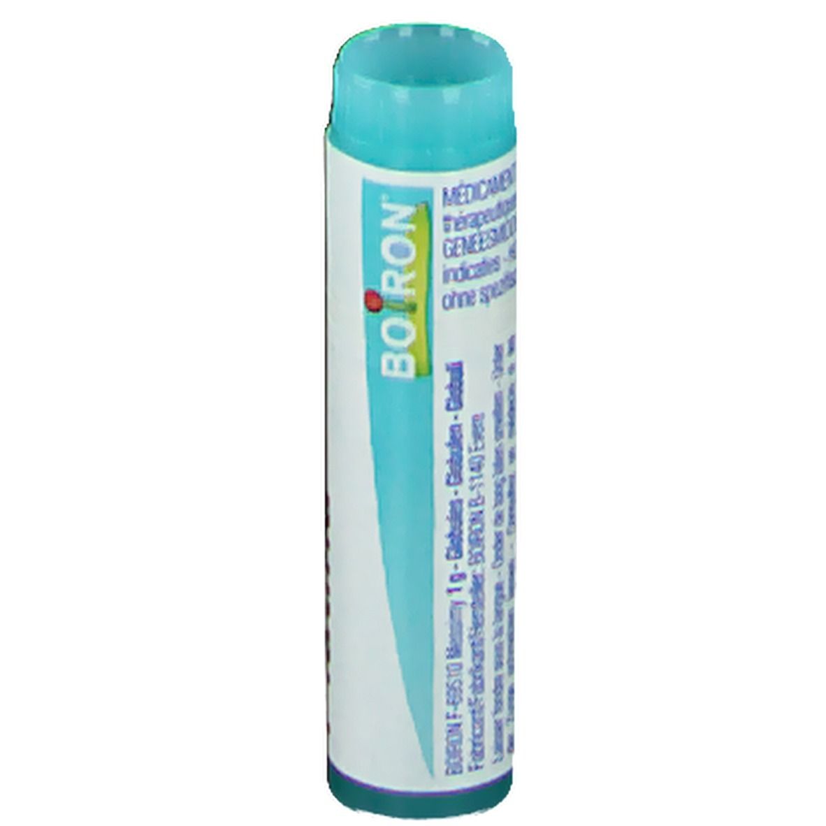 Tube cylindrique avec logo "Boiron". Bouchon turquoise. Étiquette blanche avec texte et graphique bleu.