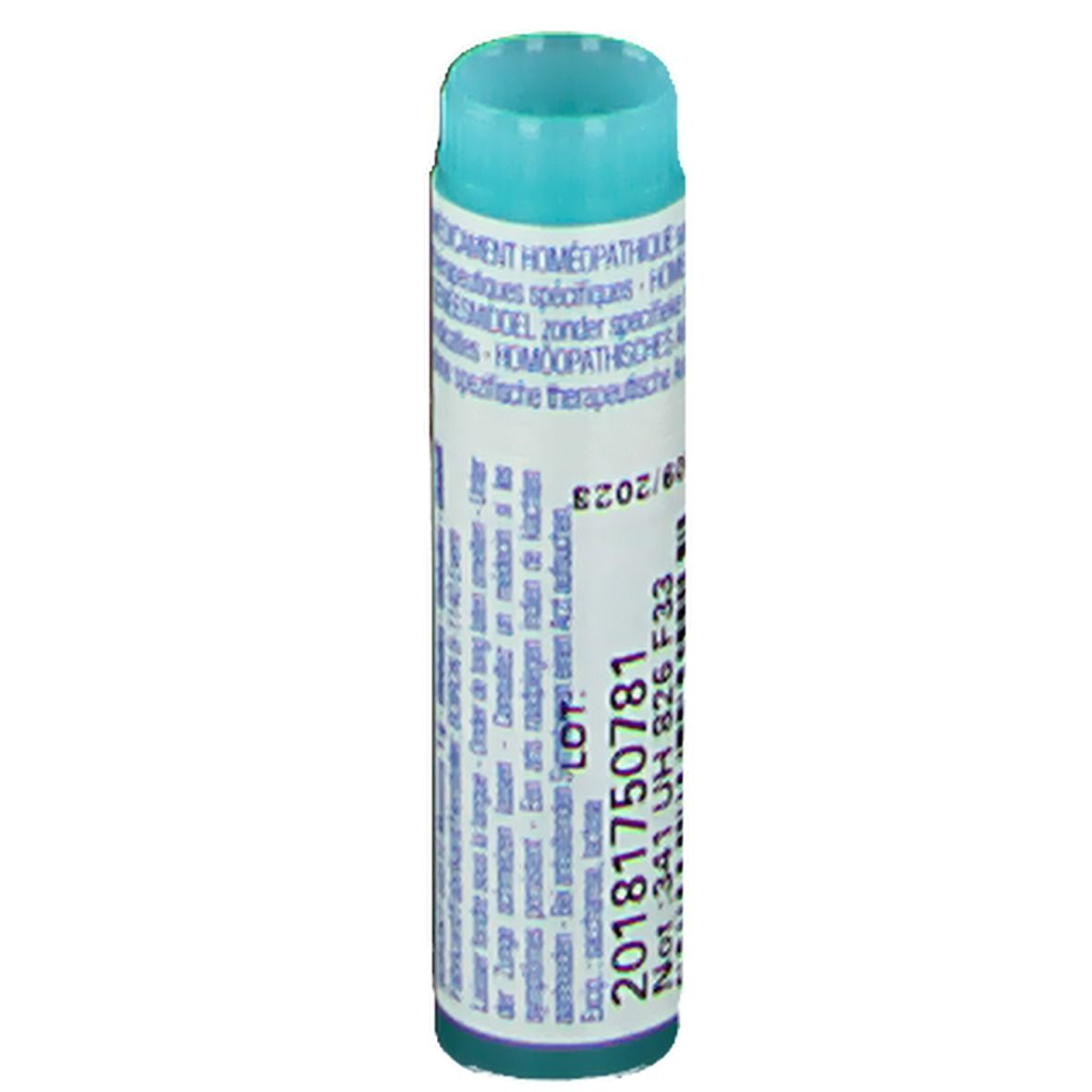 Tube cylindrique avec texte et numéro de lot. Bouchon turquoise. Étiquette blanche avec texte noir.