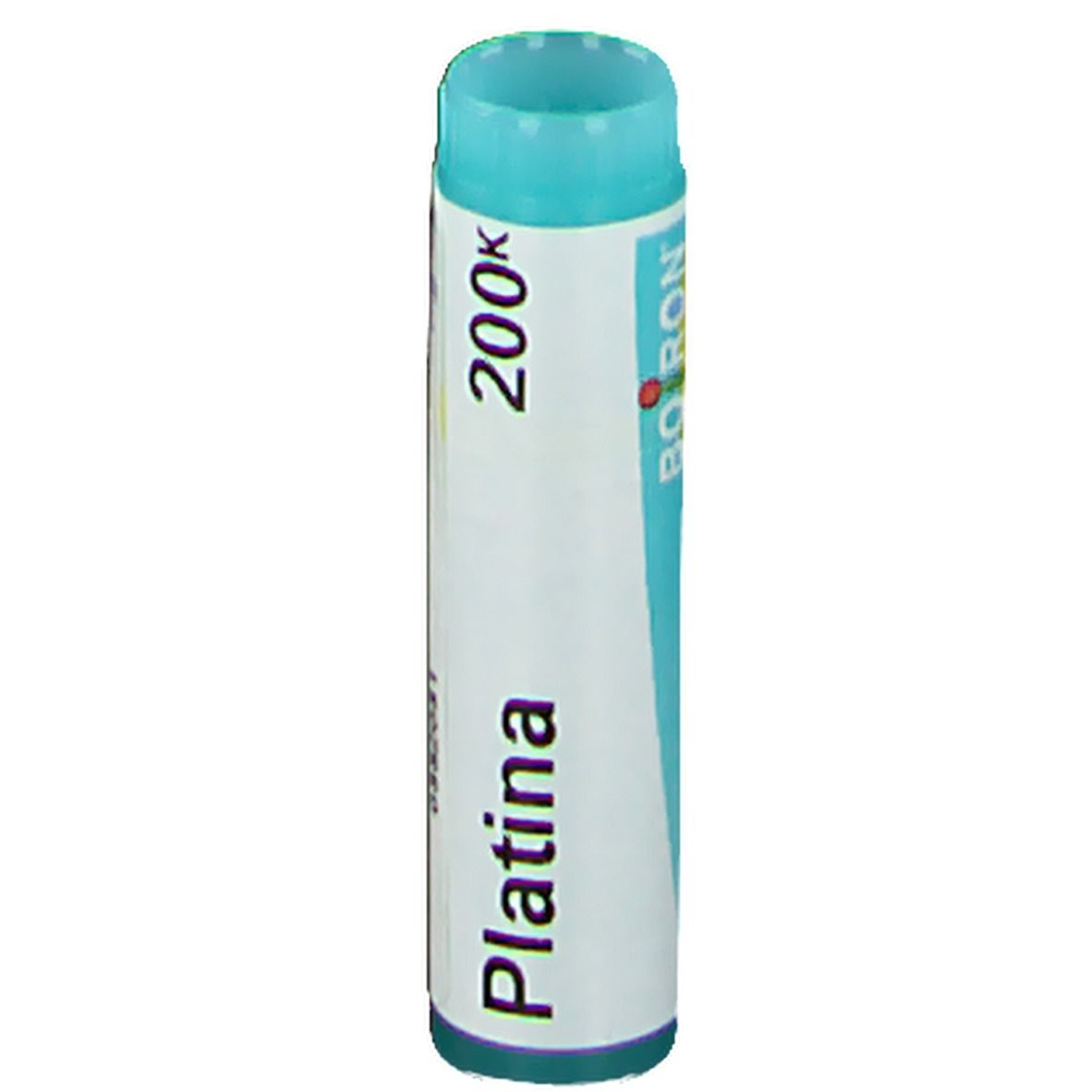 Tube cylindrique avec inscription "Platina 200K" et logo "Boiron". Bouchon turquoise. Étiquette blanche.