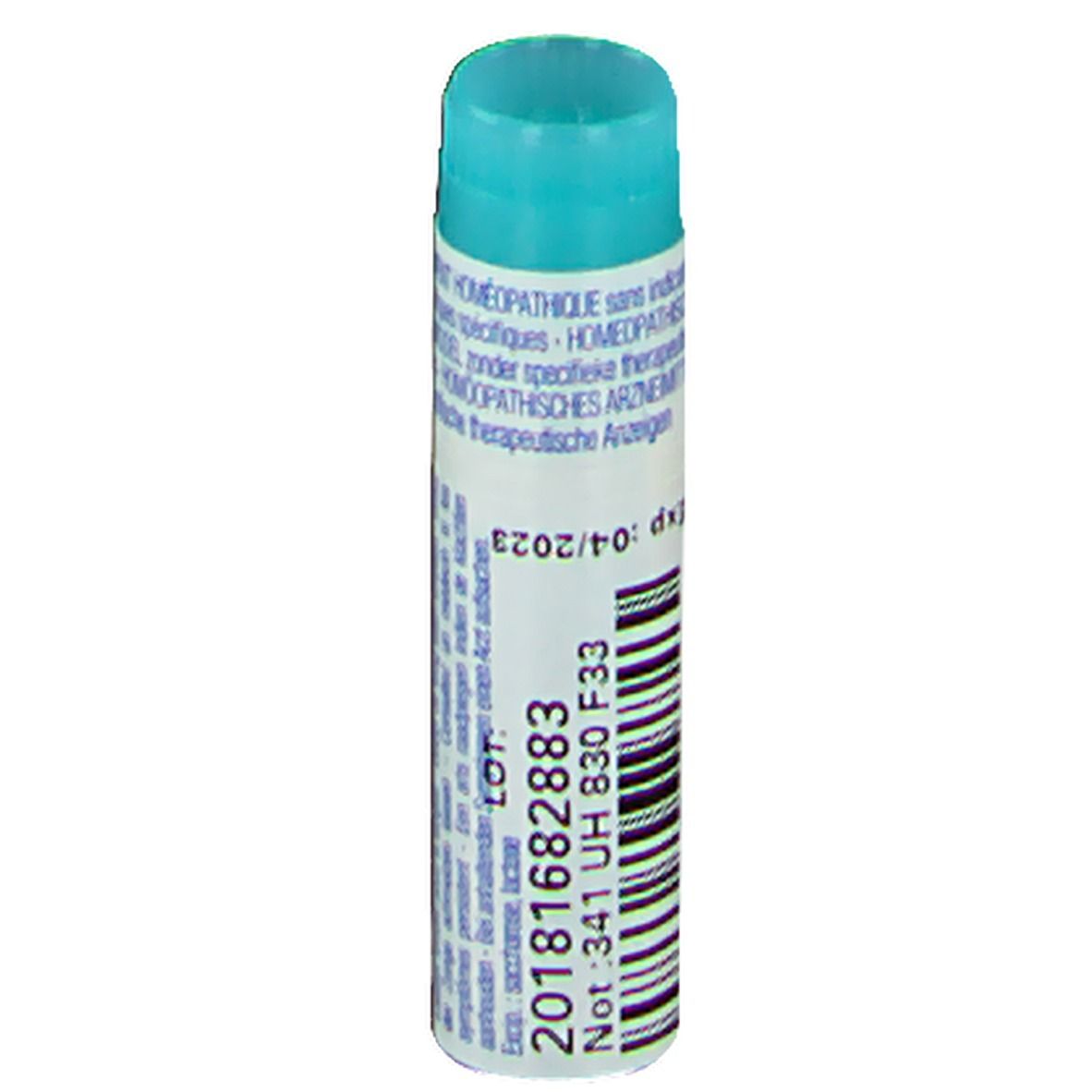 Tube cylindrique avec bouchon bleu. Code-barres et texte : 20181682883, 04/2023, Not: 341 UH 830 F33.
