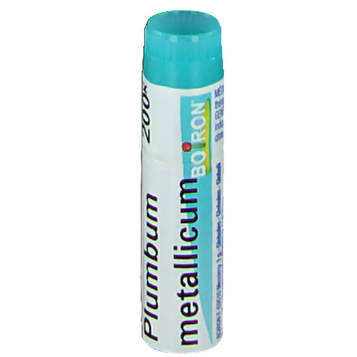Tube cylindrique avec bouchon bleu. Inscription : Plumbum metallicum, Boiron, 200K.