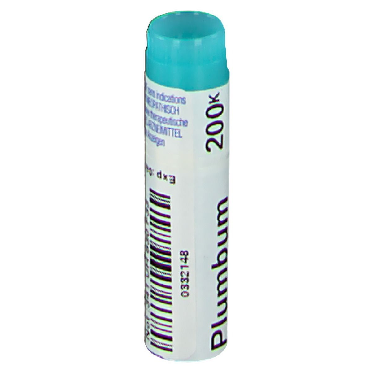 Tube cylindrique avec bouchon bleu. Inscription : Plumbum, 200k. Code-barres et texte.