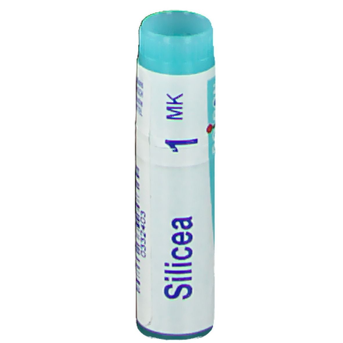 Cilindervormige verpakking met blauwe dop. Opschrift: Silicea, 1 MK.