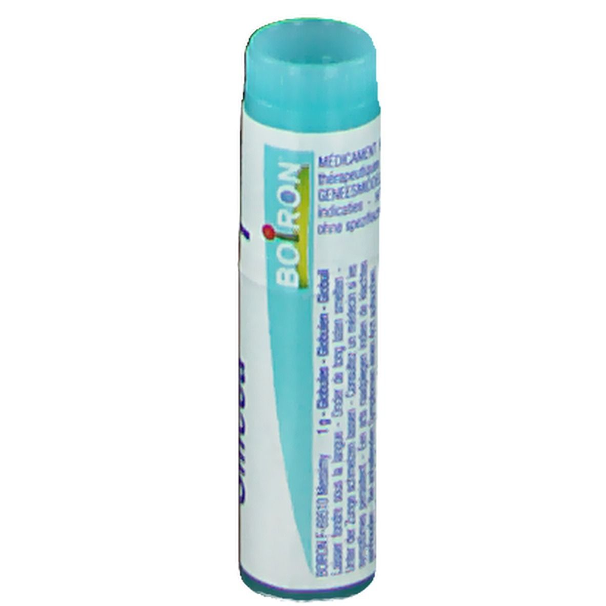 Cilindervormige verpakking met blauwe dop. Opschrift: Boiron, Globules.