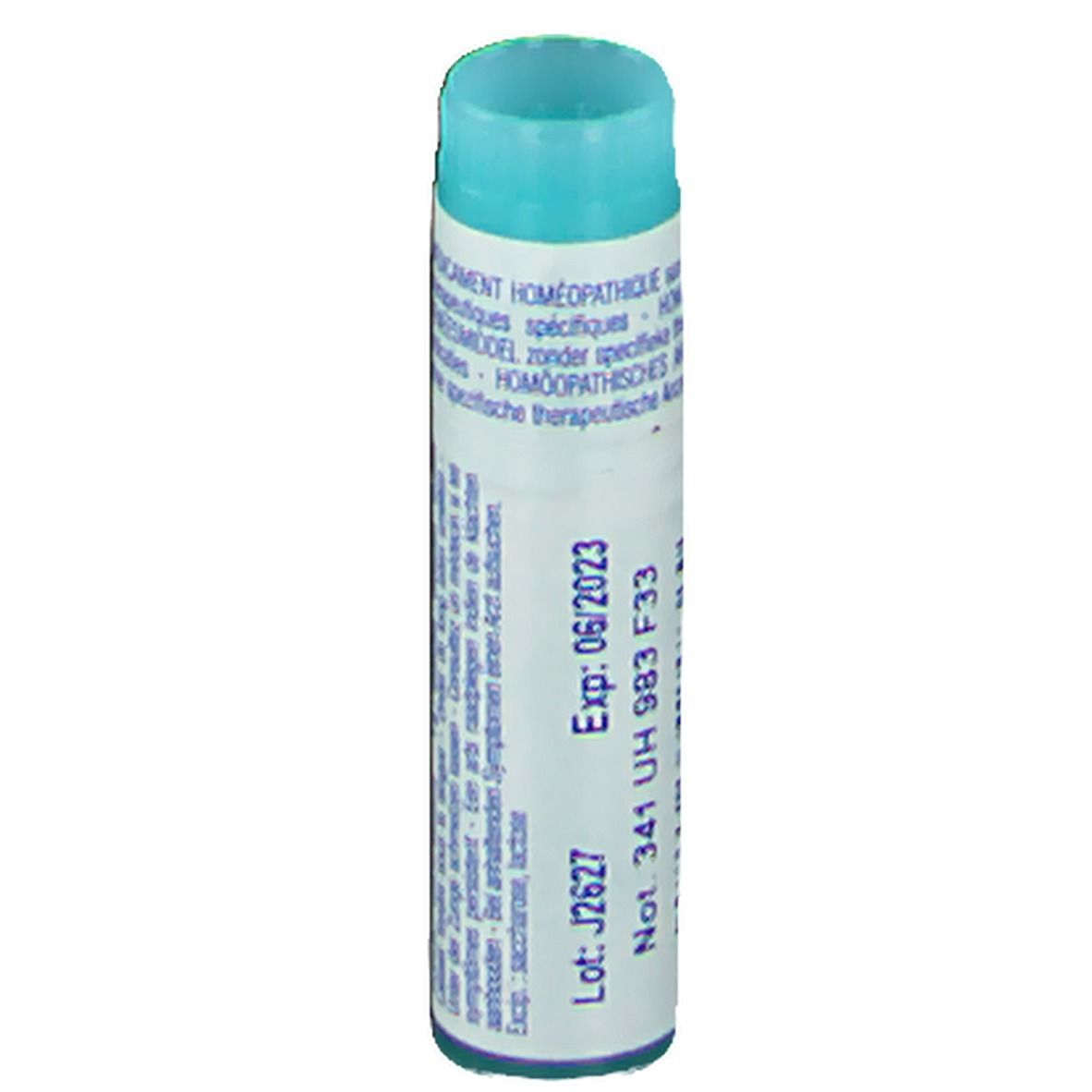 Cilindervormige verpakking met blauwe dop. Afdruk: Exp: 06/2023, Lot: J2627.