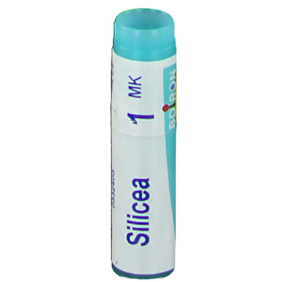 Cilindervormige verpakking met blauwe dop. Opschrift: Boiron, Silicea, 1 MK.