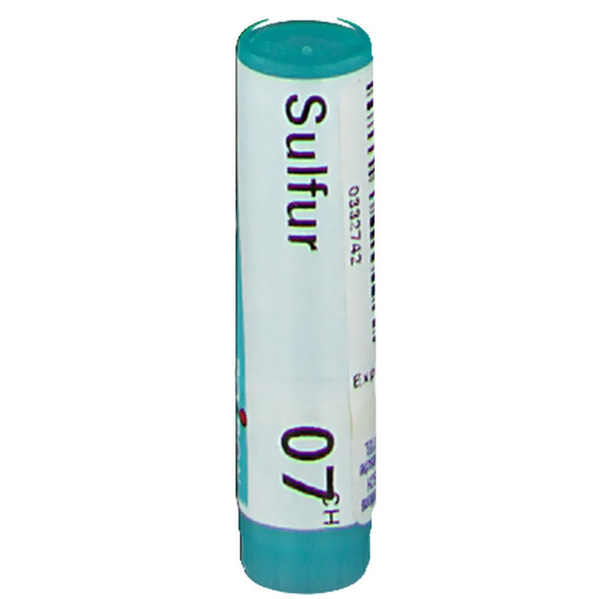 Tube cylindrique avec "Sulfur 07 CH". Bouchon et base turquoise. Code-barres et numéro de lot.