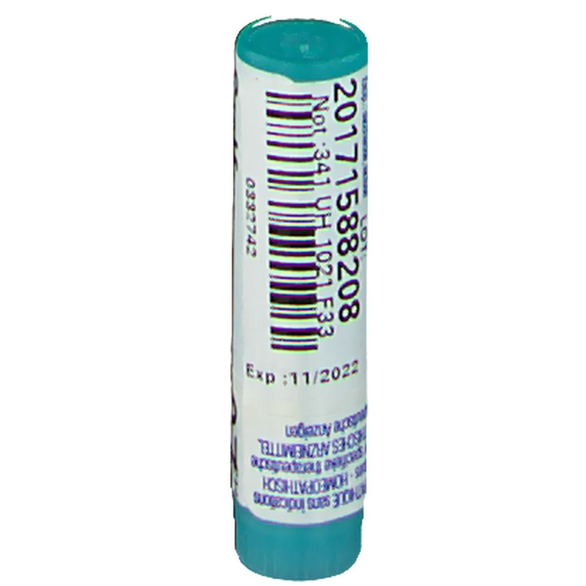 Tube cylindrique avec code-barres et texte. Bouchon et base turquoise. Date d'expiration : 11/2022.