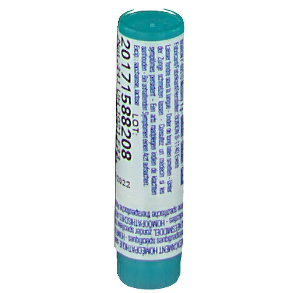 Tube cylindrique avec texte. Bouchon et base turquoise. Contient des informations d'utilisation.