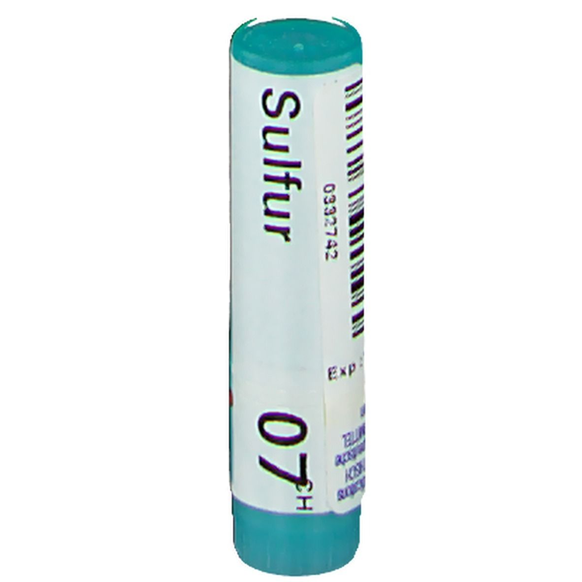 Tube cylindrique avec "Sulfur 07 CH". Bouchon et base turquoise. Code-barres.