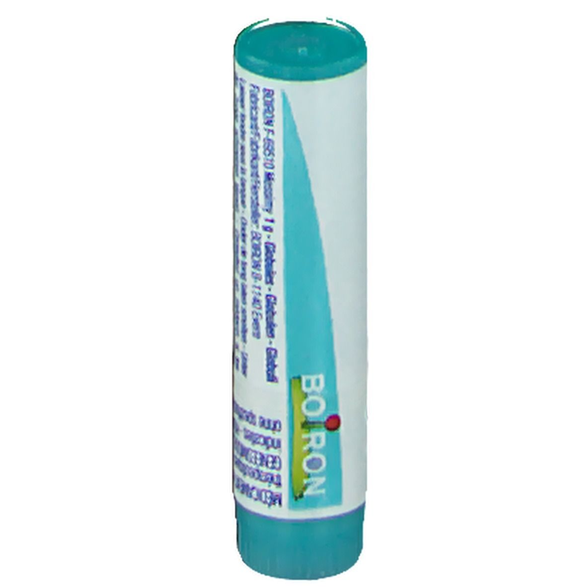Tube cylindrique avec "BOIRON" et texte. Bouchon et base turquoise. Point rouge.