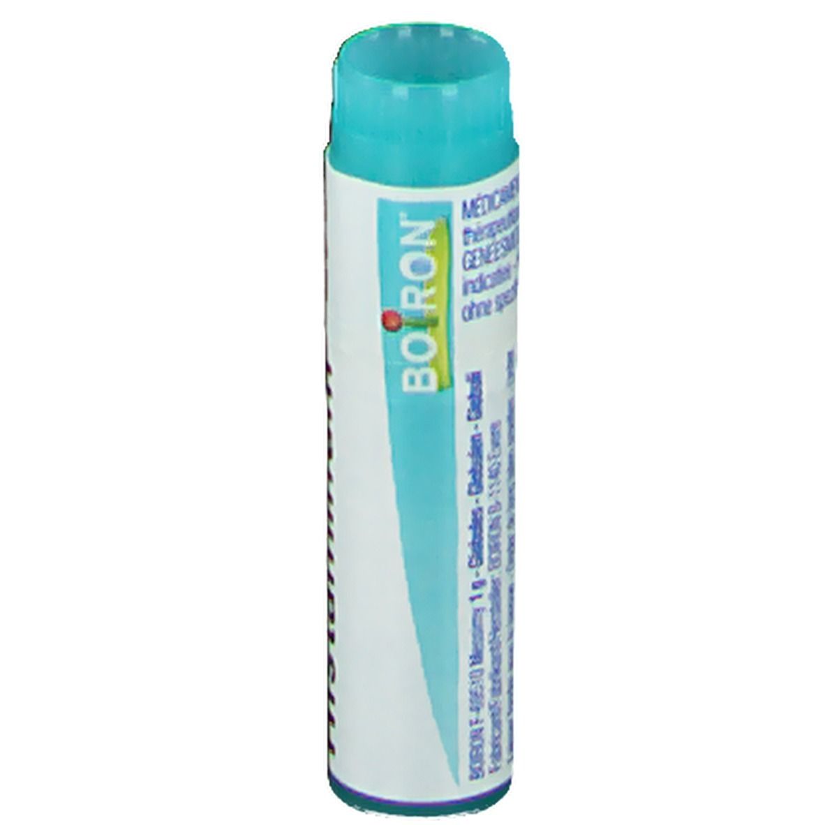 Tube cylindrique avec bouchon bleu. Inscription: Boiron, globules.