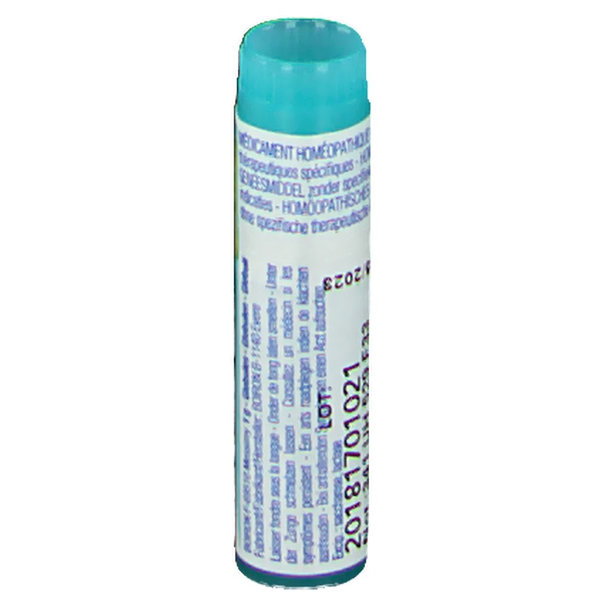 Tube cylindrique avec bouchon bleu. Inscription: Médicament homéopathique.