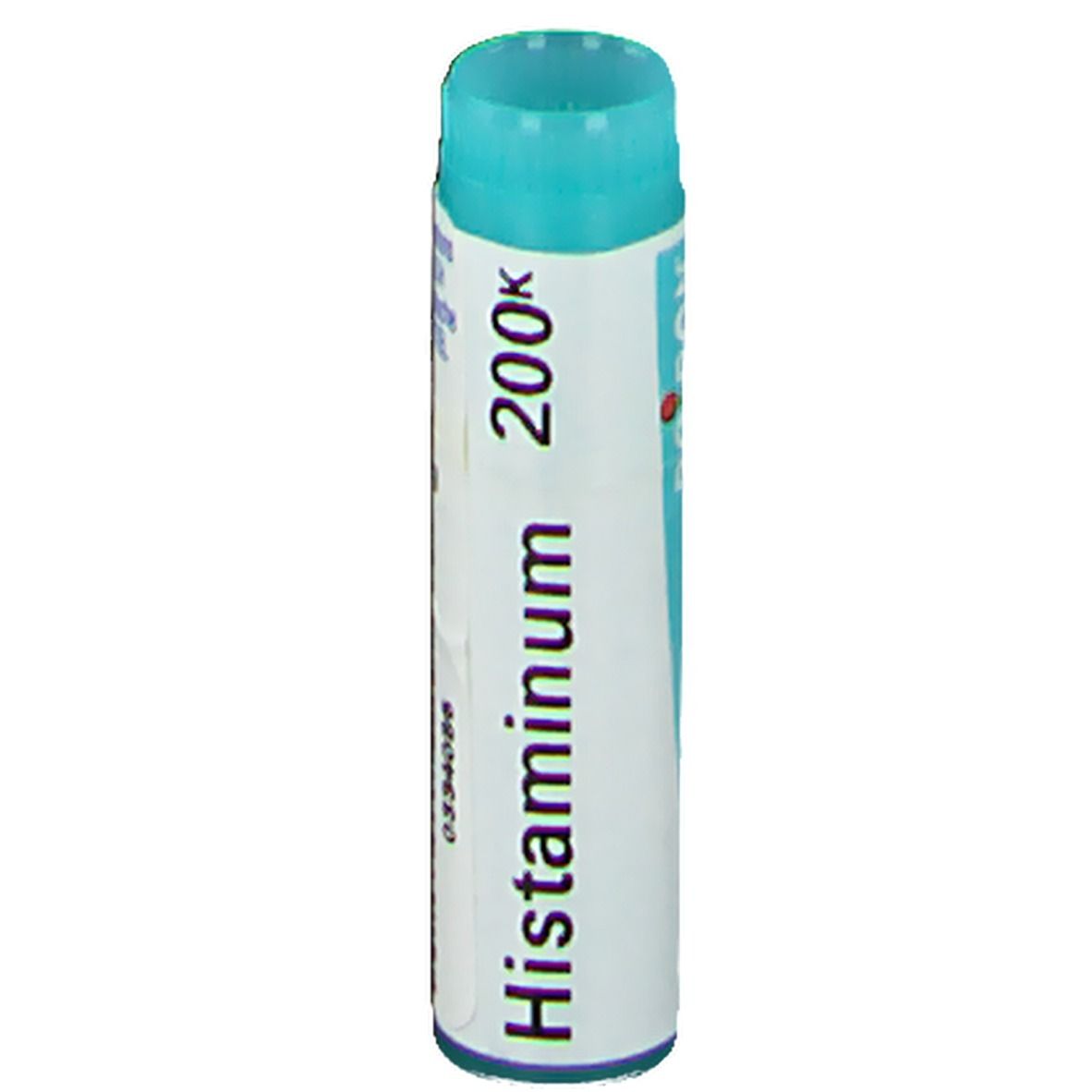 Tube cylindrique avec bouchon bleu. Inscription: Histaminum 200K.