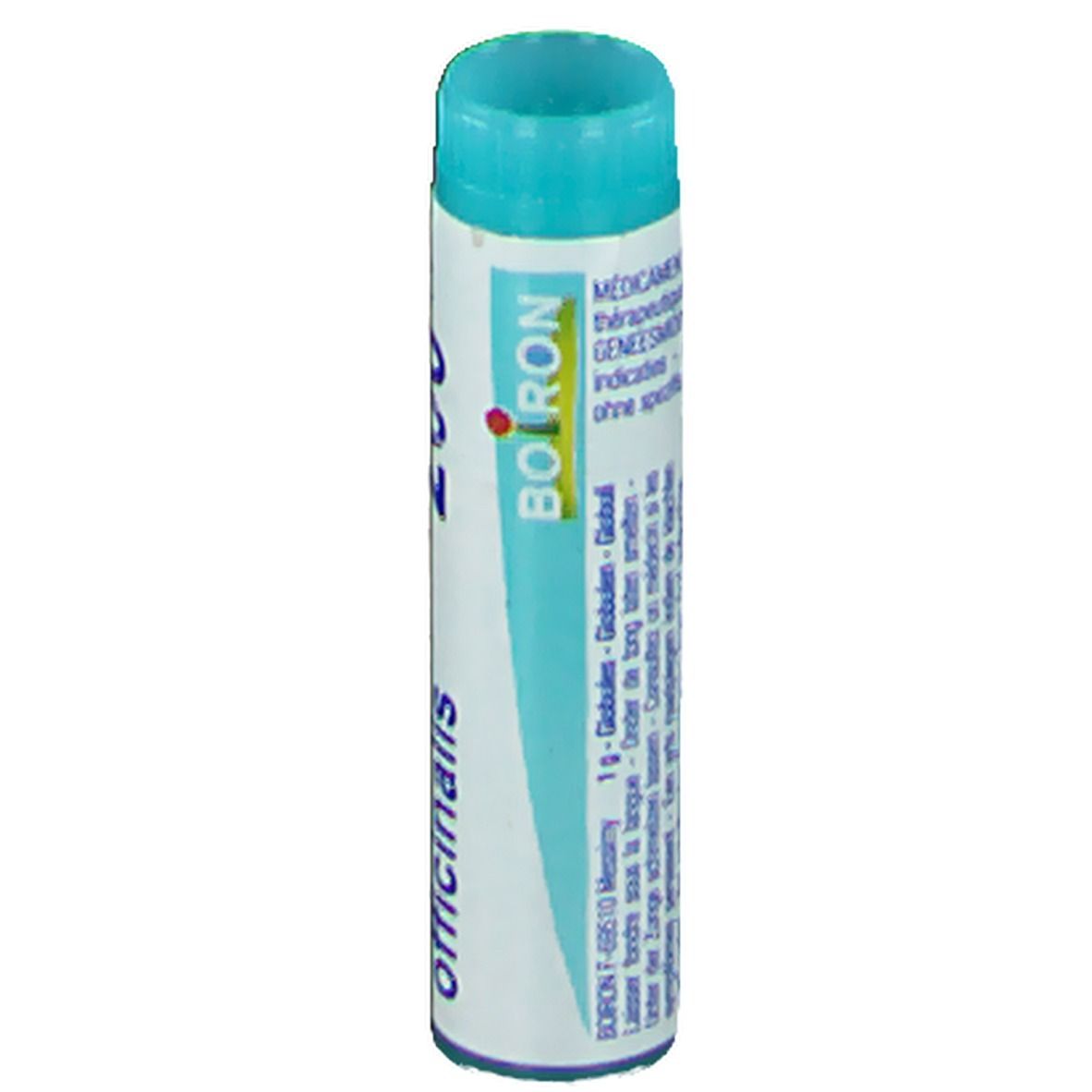 Tube cylindrique avec bouchon bleu. Inscription: BOIRON, Globules, Sepia officinalis.