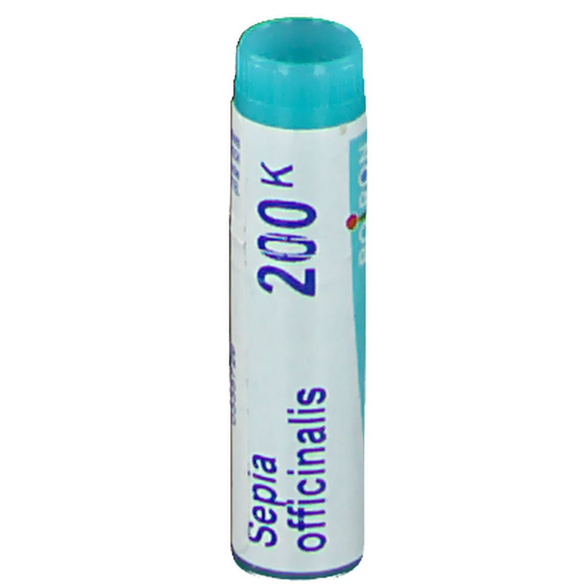 Tube cylindrique avec bouchon bleu. Inscription: Sepia officinalis 200K.