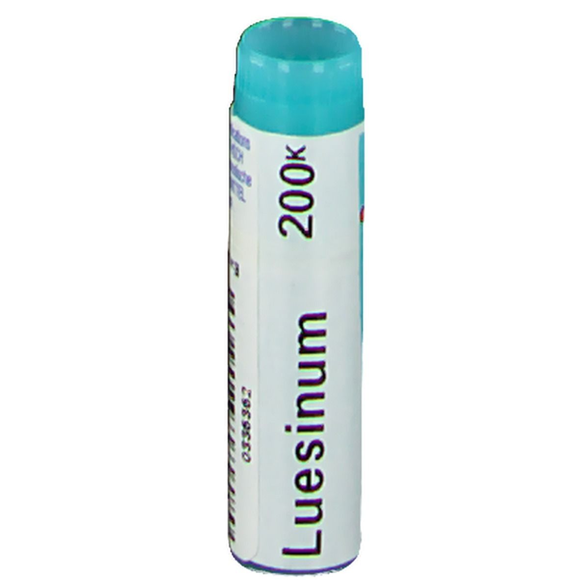 Flacon cylindrique avec bouchon bleu. Inscription: Luesinum 200K.