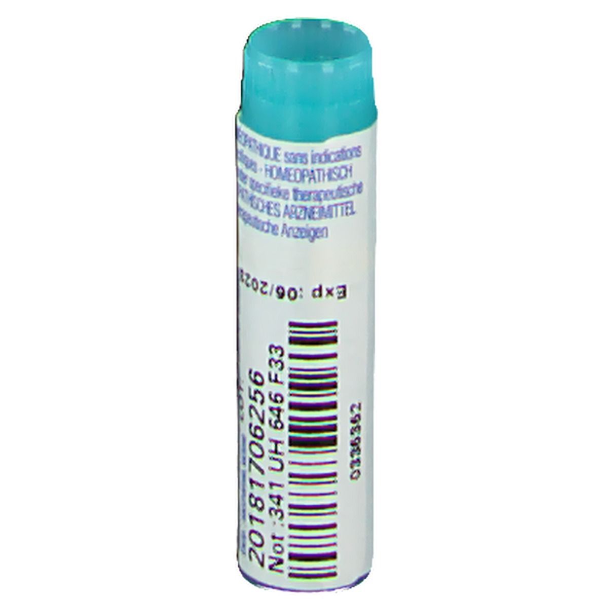 Flacon cylindrique avec bouchon bleu. Inscription: Numéro de lot, date d'expiration.