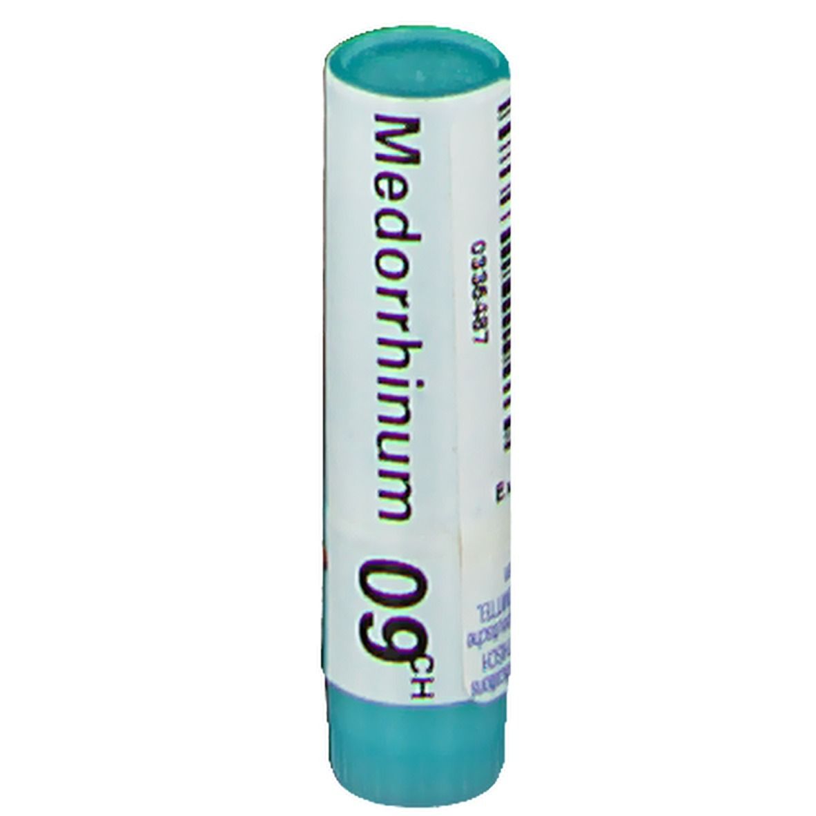 Tube cylindrique bleu et blanc. Inscription: Medorrhinum 09CH. Code-barres visible.