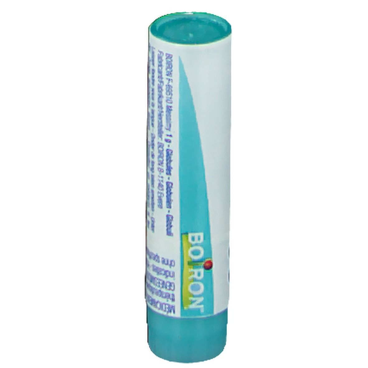 Tube cylindrique. Marque Boiron. Texte multilingue. Inscription: Médicament.