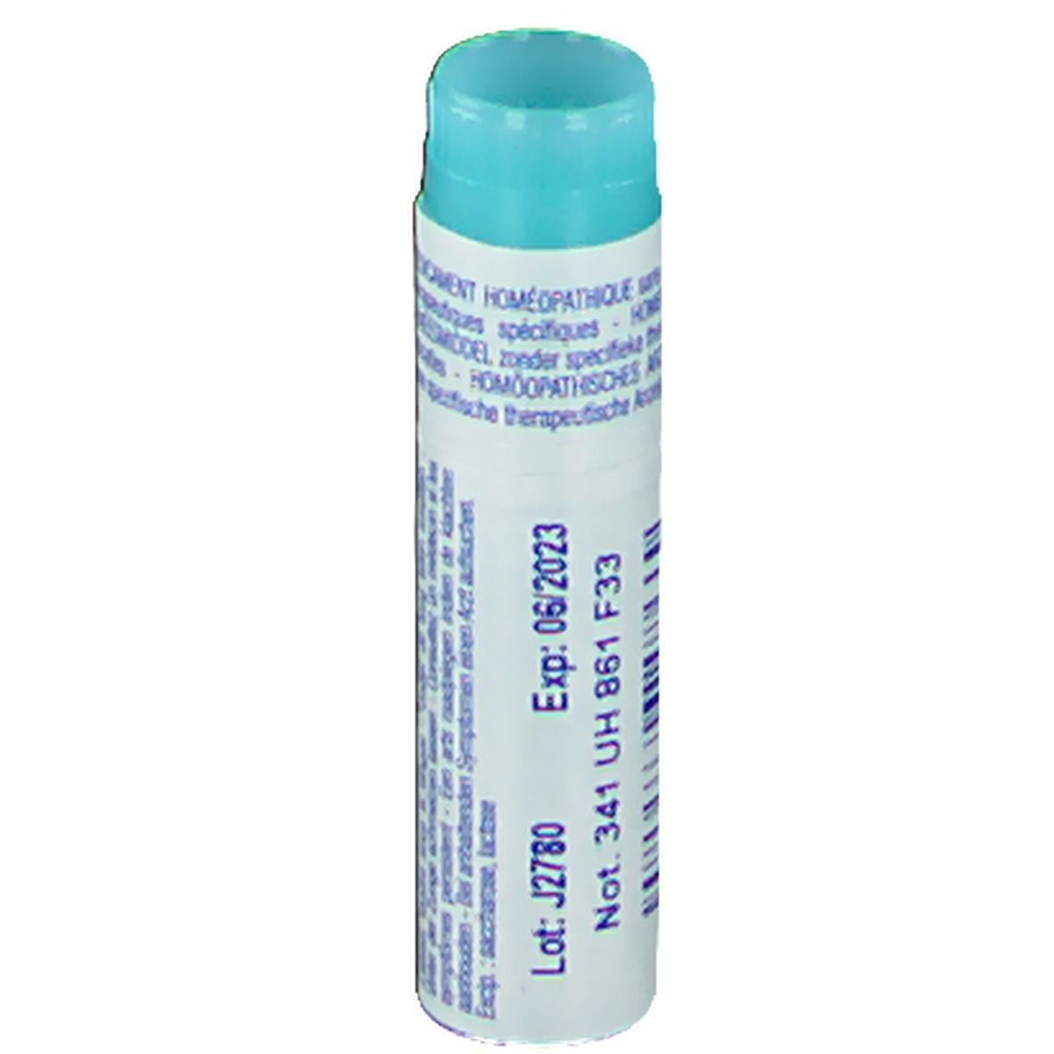 Tube cylindrique avec bouchon bleu. Impression: Exp: 06/2023, Lot: J2780.