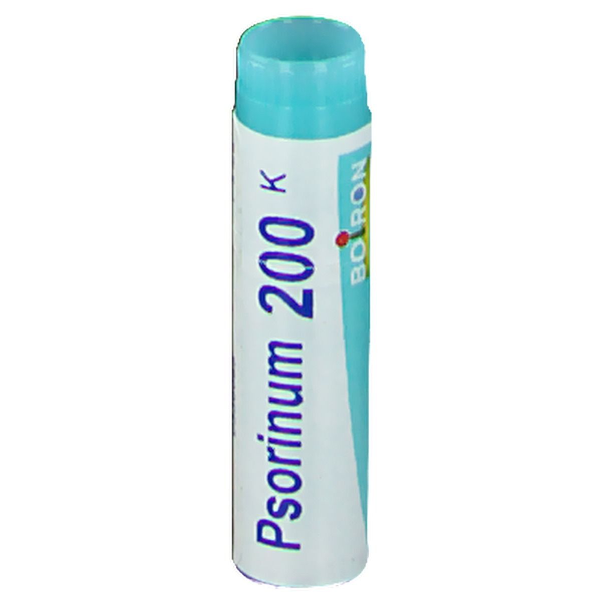 Tube cylindrique avec bouchon bleu. Inscription: Boiron, Psorinum 200 K.