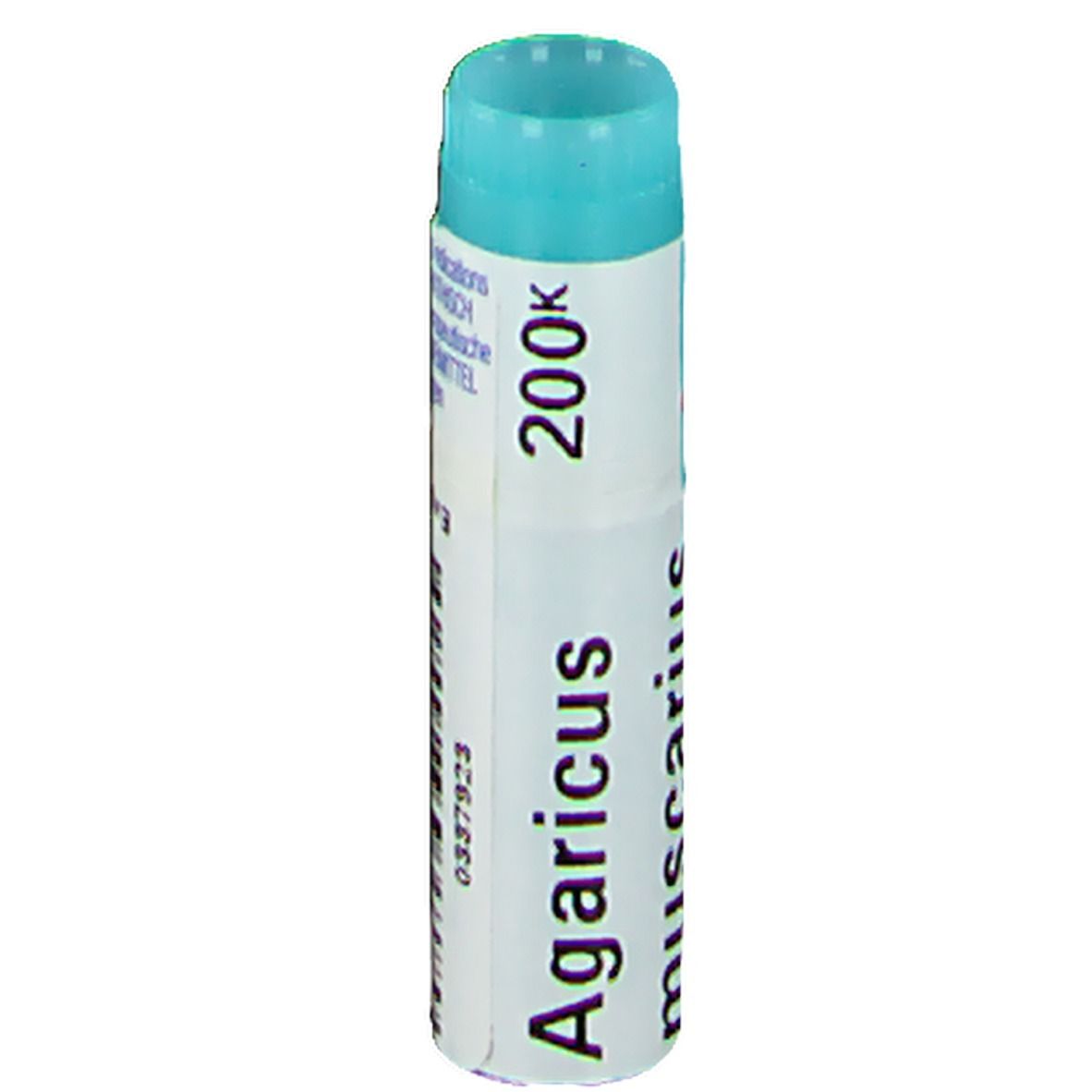 Tube cylindrique bleu et blanc. Inscription: Agaricus muscarius 200K.