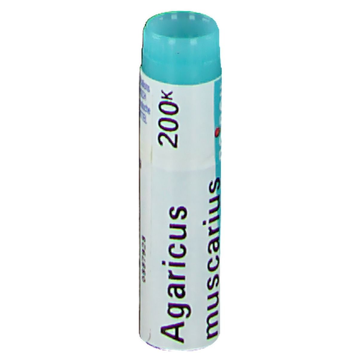Tube cylindrique bleu et blanc. Inscription: Agaricus muscarius 200K.