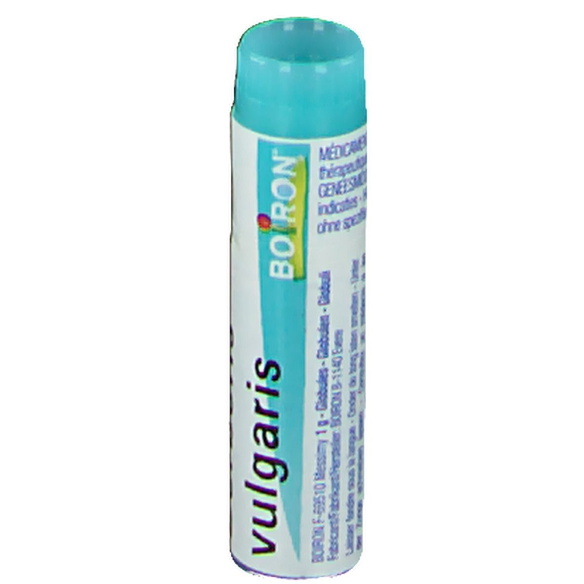 Flacon cylindrique bleu et blanc. Inscriptions: Boiron, vulgaris.
