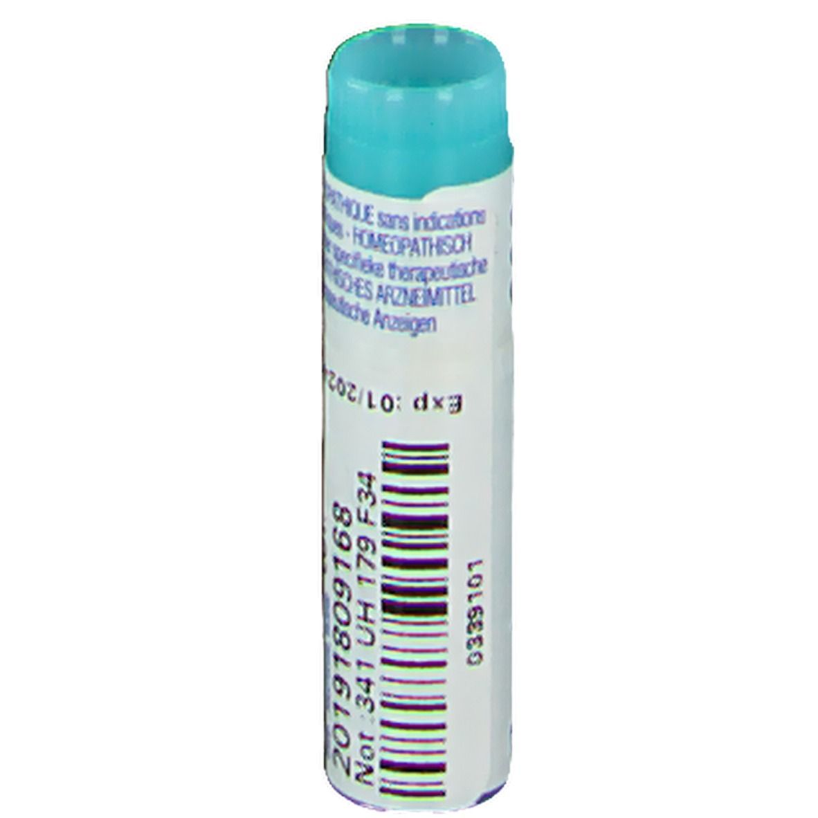 Flacon cylindrique bleu et blanc. Inscriptions: 20191809168, Exp. 01/2024.