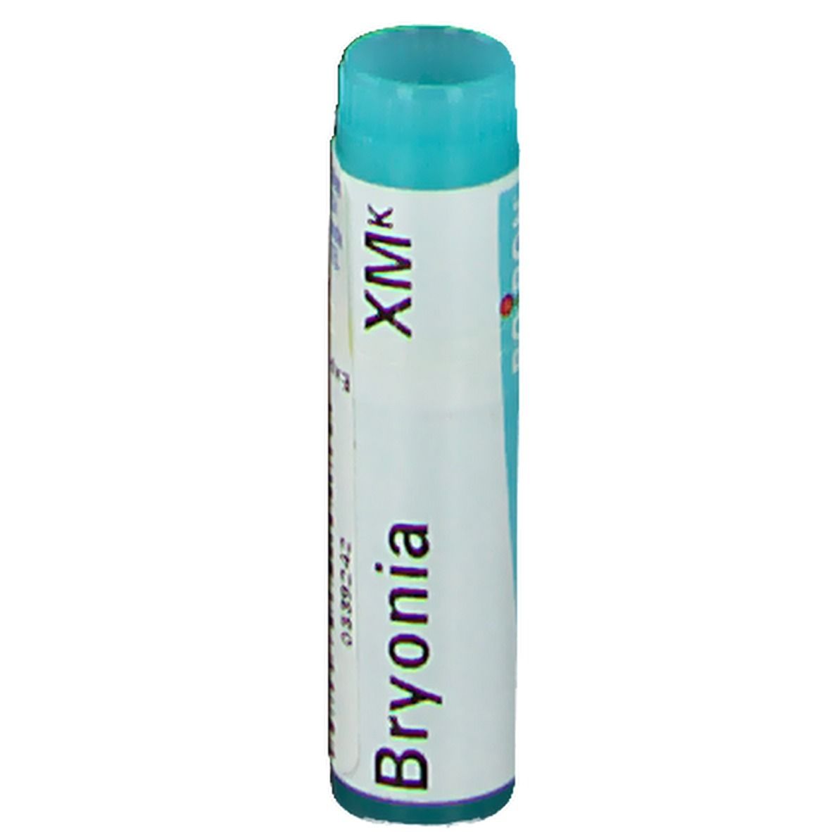 Tube cylindrique avec bouchon bleu. Inscription: Bryonia, XMK.
