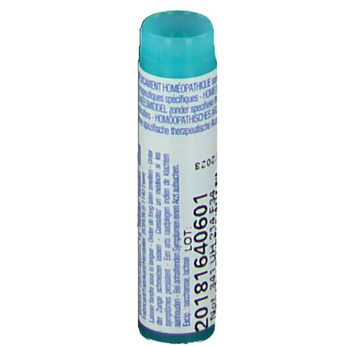 Tube cylindrique avec bouchon bleu. Numéro de lot et date d'expiration imprimés.