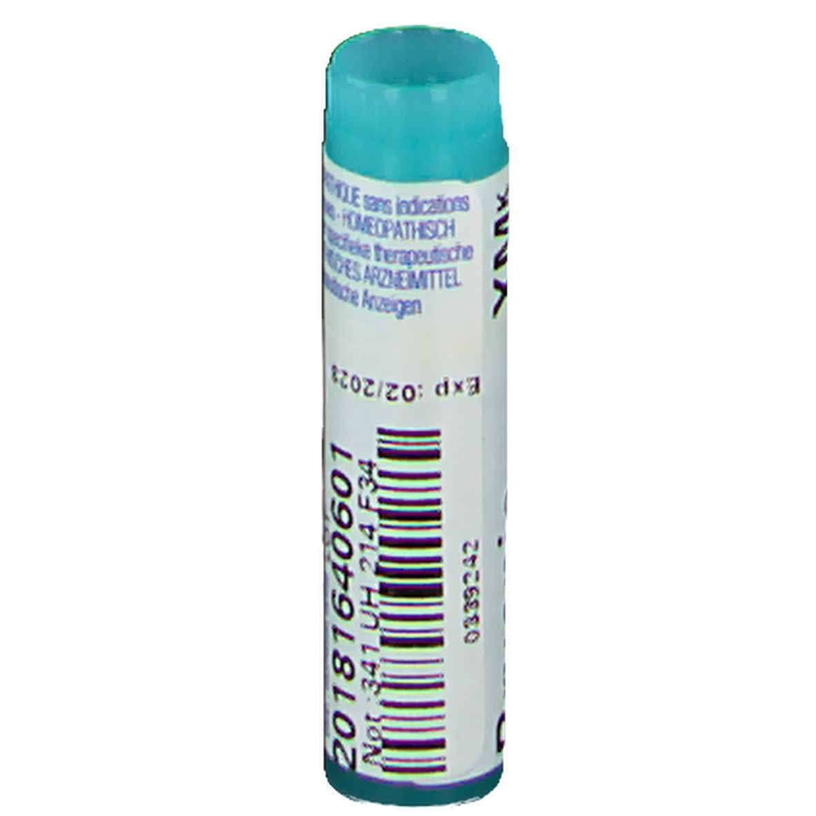 Tube cylindrique avec bouchon bleu. Code-barres, numéro de lot et date d'expiration.