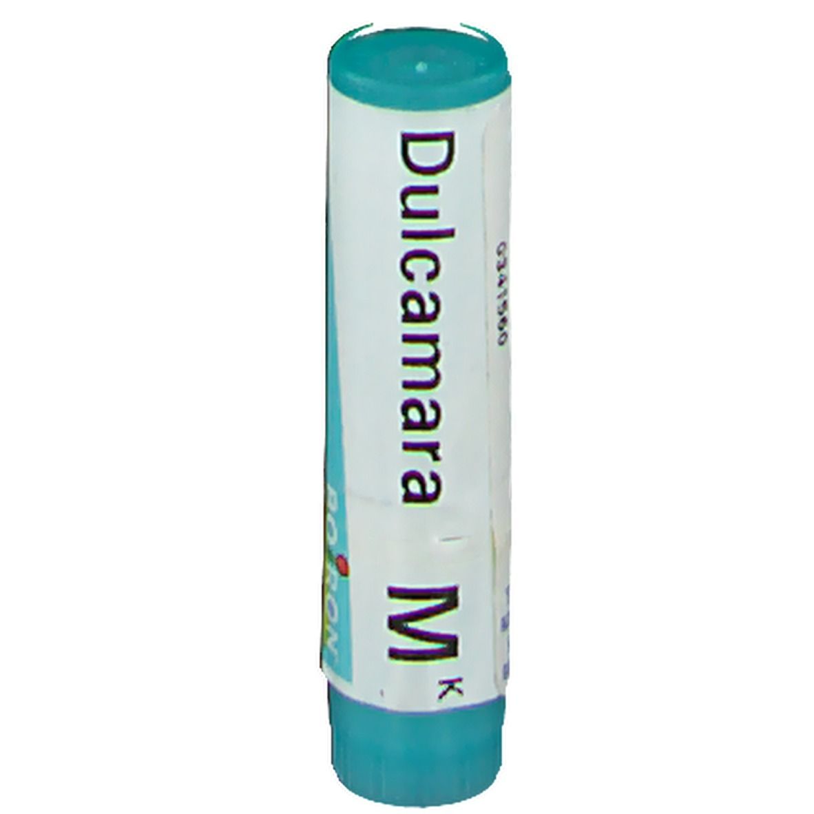 Tube cylindrique blanc et turquoise avec texte "Dulcamara M K" et "Boiron".