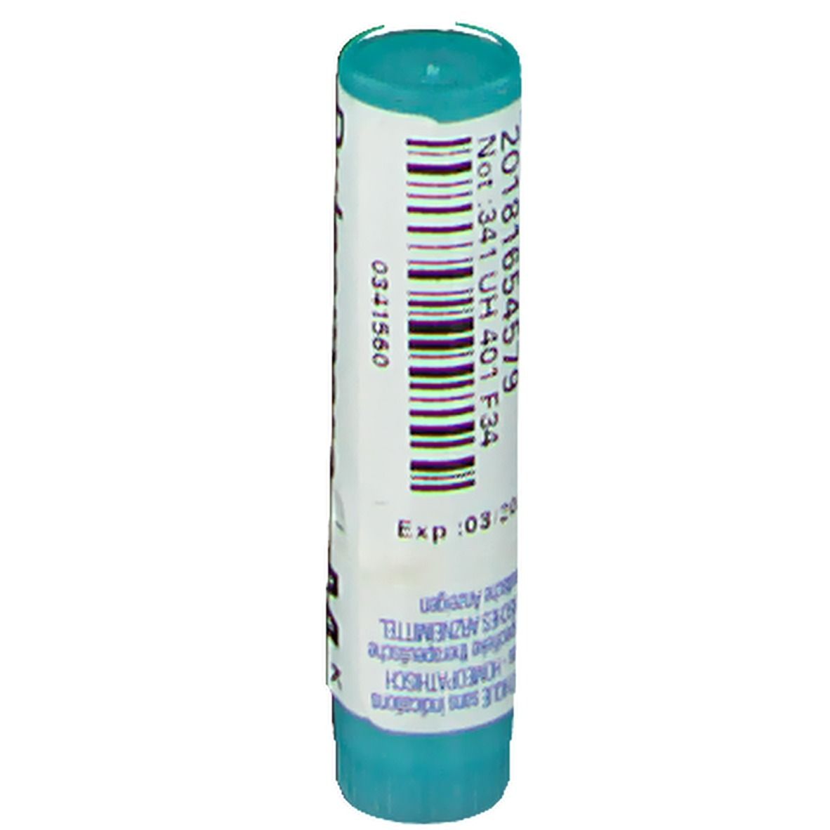 Tube cylindrique avec code-barres, numéro de lot et date d'expiration. Couleurs: blanc et turquoise.