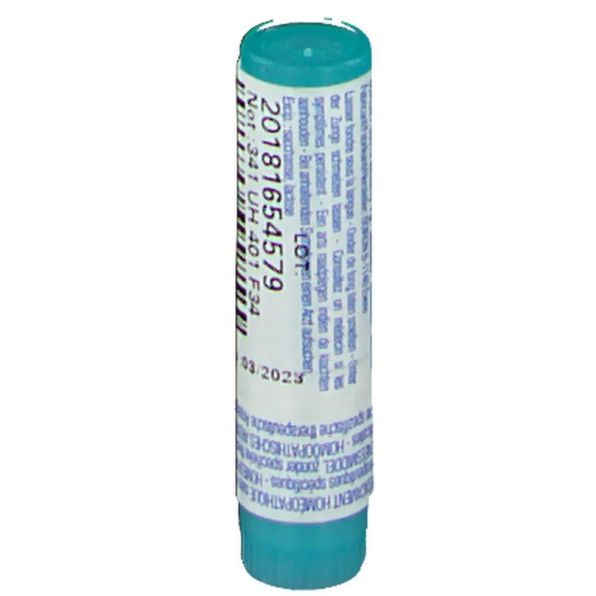 Tube cylindrique avec texte. Couleurs: blanc et turquoise. Contient des informations sur le produit.