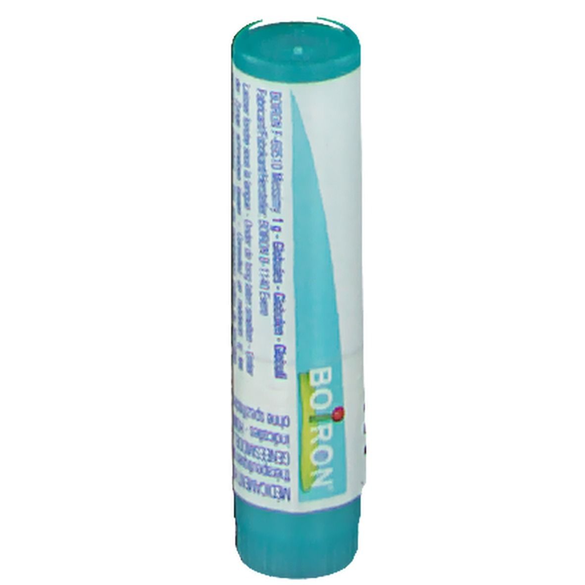 Tube cylindrique avec texte et logo "Boiron". Couleurs: blanc et turquoise.