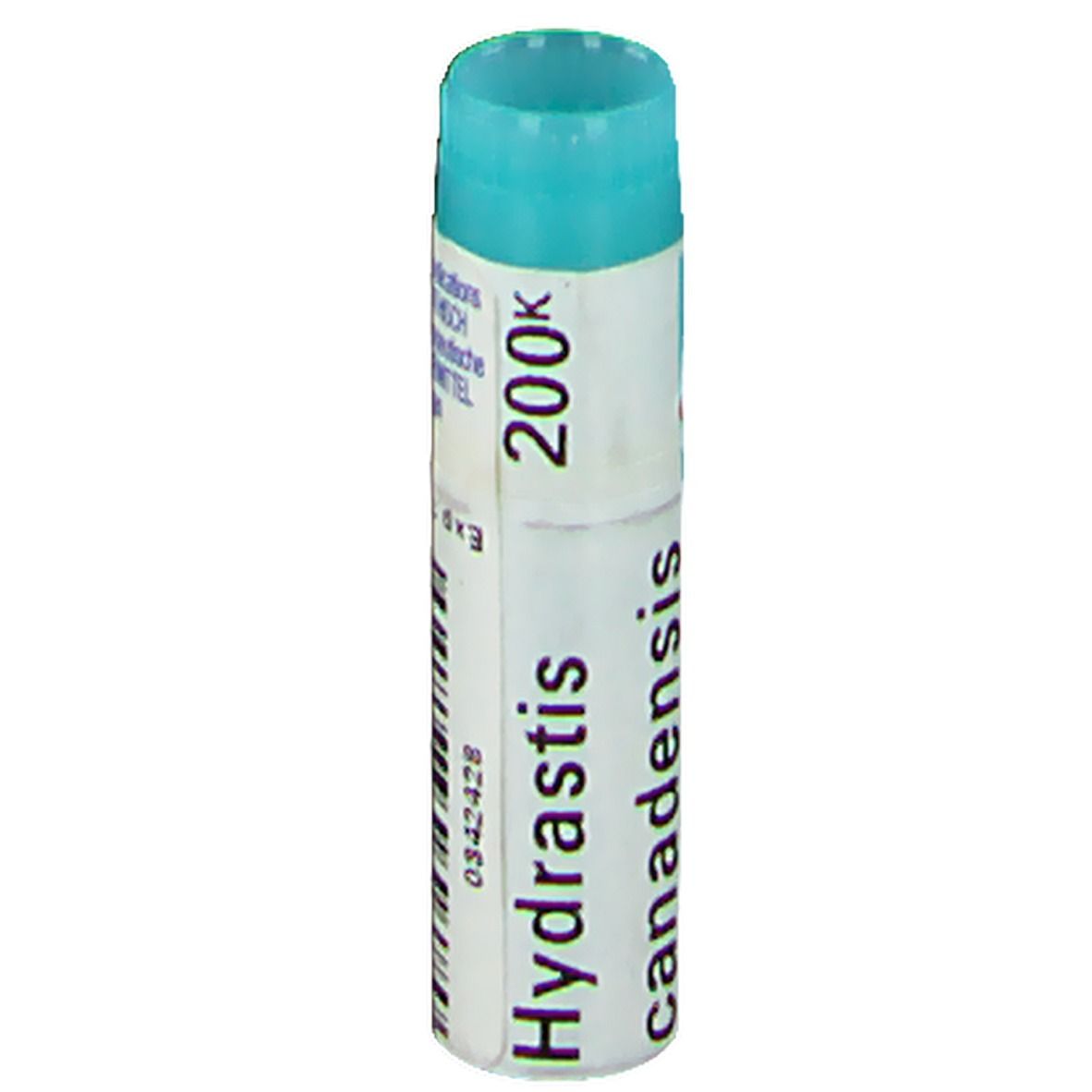 Médicament homéopathique. Emballage cylindrique avec bouchon bleu. Inscription: Hydrastis canadensis 200K.