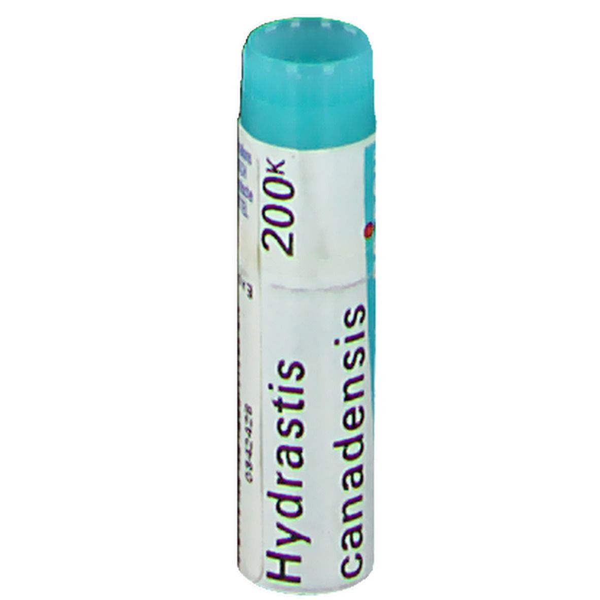 Médicament homéopathique. Emballage cylindrique avec bouchon bleu. Inscription: Hydrastis canadensis 200K.