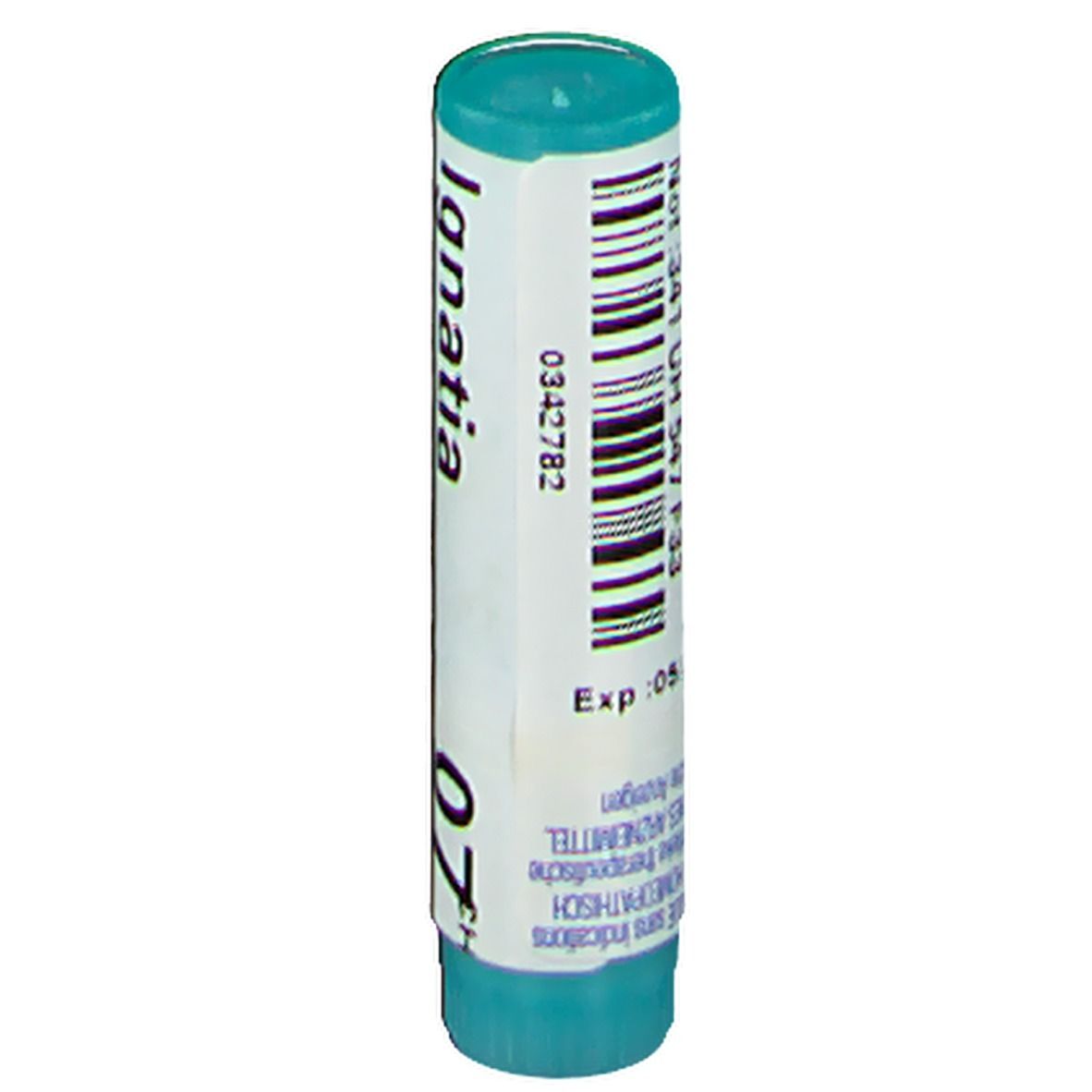 Tube cylindrique avec code-barres, "Ignatia 07 CH" et date d'expiration. Vert et blanc.