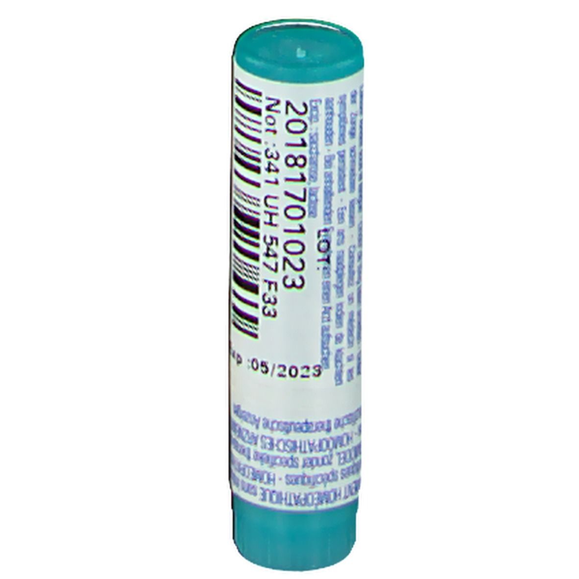 Tube cylindrique avec code-barres, numéro de lot et date d'expiration. Vert et blanc.